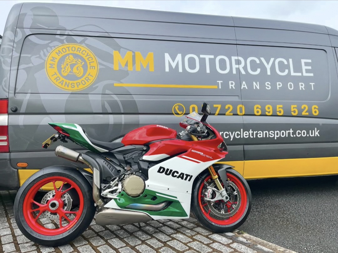 BMW motorcycle ready for transport with MM Motorcycle Transport